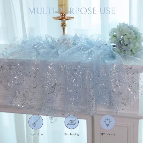 Snowkingdom 3PCS Light Blue Silver Gauze Table Runner 10ft 120 inch Glitter Sheer Cheesecloth Tulle Home Dining Table Decoration for Bridal Baby Shower Summer Wedding Birthday Holidays Party - Image 6