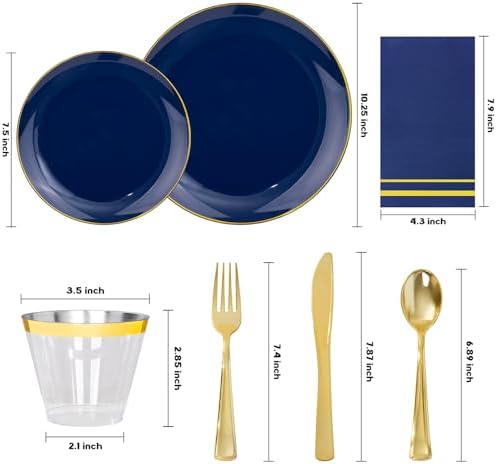 NOCCUR 350PCS Navy Blue Plastic Plates - Blue Disposable Dinnerware Set for 50 Guests, 100 Dinner/Dessert Plates, 150 Gold Silverware, 50 Cups&50 Napkins for Party/Wedding/Graduation/Independence Day - Image 2