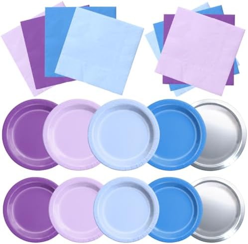 CMUSKO Winter Wonderland Decorations - 60Pcs Blue Purple Snowflake Plates & Napkins Set Winter Wonderland Tableware for Birthday Christmas New Year by CMUSKO