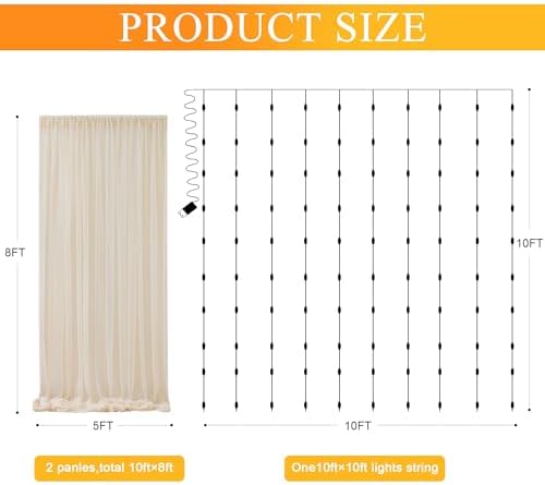 Fomcet Tulle Backdrop Curtains with Lights 10x8ft Sheer Champagne Curtain - Image 2