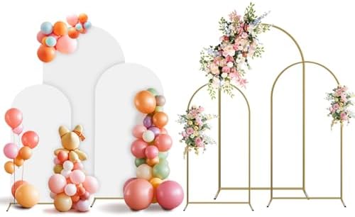 Arch Backdrop Stand and Cover Set, 3 Metal Balloon Arch Backdrop 4ft 5ft 6ft, Gold Arched Stand Frame for Wedding, Parties,Birthday, Backdrop Decorations (White,4ft+5ft+6ft) by Holldoor