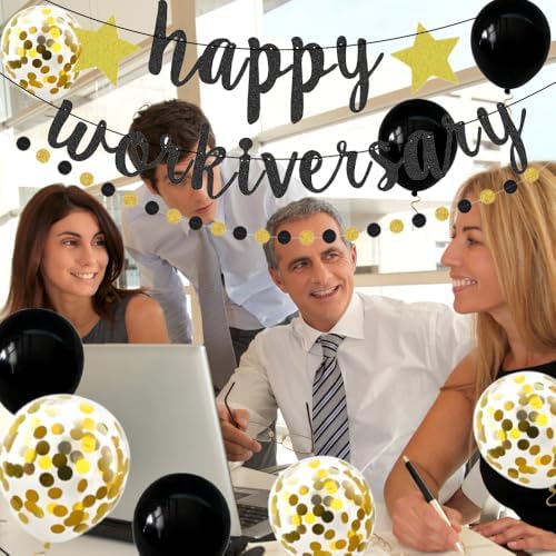 Happy Workiversary Banner Black Gold Glitter Work Anniversary Party Decorations Work for Employee Coworker Office Party Happy Work Anniversary Celebrations - Image 4