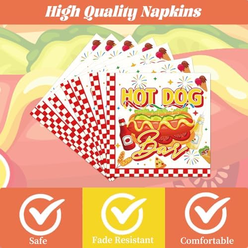Hot Dog Party Decorations - 96 Pcs Hot Dog Birthday Plates Napkins Forks Tableware Set, Fast Food Hotdog Dinnerware Set for Adults Kids Picnic Sausage BBQ Serves 24 - Image 3