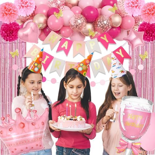 Hot Pink Birthday Party Decorations for Women Girls Happy Birthday Banner - Image 5
