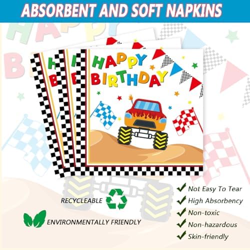 72Pcs Racing Car Party Plates and Napkins Monster Truck Birthday Party Supplies Disposable Checkered Race Tableware Set for Boys Birthday Wheel Sports Baby Shower Decorations Serves 24 - Image 4