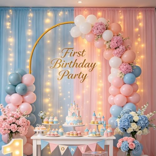 Pink Blue Sheer Tulle Backdrop Curtains with Lights String for Gender Reveal Baby Shower Decorations for Boy or Girl Birthday Party Photo Shoot Backdrop Background Decorations 2 Panels 5×10ft - Image 5