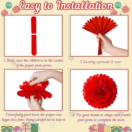 13PCS Christmas Decorations Ornaments Set – 9 Red White Hanging Paper Lanterns, 4 Pom Poms for Indoor, Home, Xmas Party, Porch Decor - Image 6