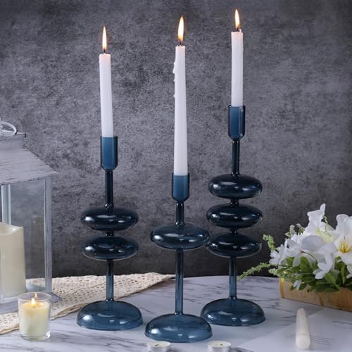 LemonRoad Glass Taper Candlestick Holder Set of 3, Table Decor, Deep Blue - Image 6