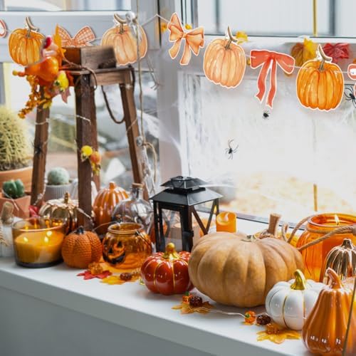 Oudain 2 Pack Pumpkin Banner 6.56 Ft, Orange Paper Bow Fall Thanksgiving - Image 5