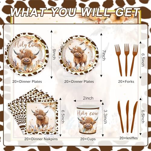 120PCS Boho Highland Cow Party Supplies for Boys girls Holy Cow Highland Themed Baby Shower Birthday Party Decorations Tableware Set Plates Napkins Cups Set for 20 Guests - Image 2