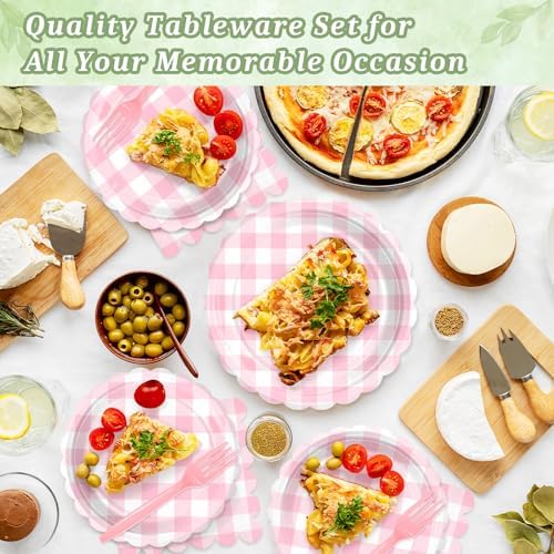 Mulbozy 75 Cute Pink Gingham Paper Plates and Napkins for Party, 25-7" - Image 3