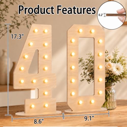 Pooqla 40th Birthday Decorations, 17.3 in Tall Wooden Light Up Numbers - Image 4