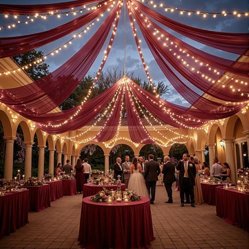 Burgundy Ceiling Drapes with Lights for Weddings, 6 Panels 5ftx20ft Sheer Tulle Curtain Drapes for Wedding Ceremony Birthday Party Arch Decoration - Image 5