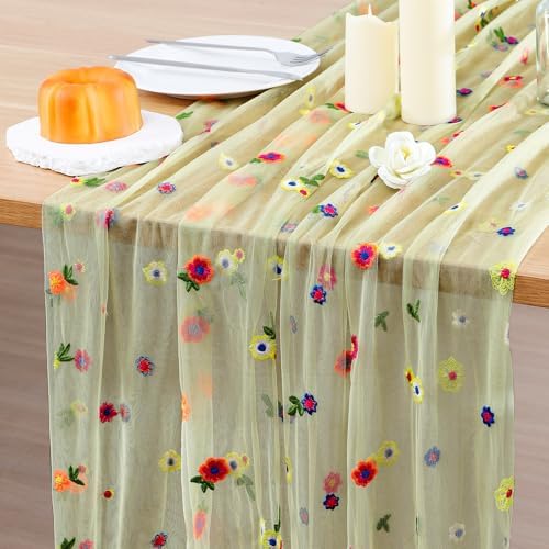 BINBE 1pcs Daisy Spring Table Runner Embroidery Gauze 10FT Florals Seasonal Tulle Holiday Birthday Kitchen Dining Table Decor for Home Party Green by BINBE