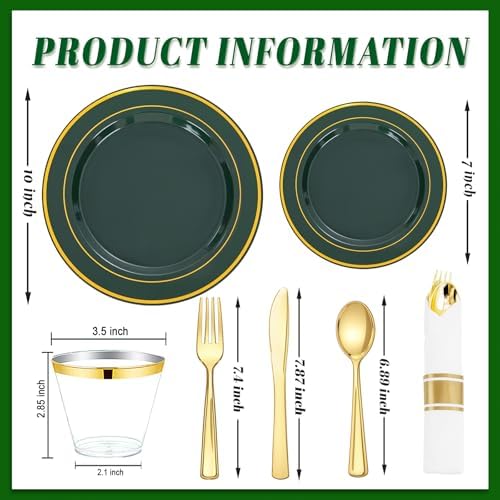 WDF Partyware 175PCS Green Plastic Plates - Green and Gold Disposable Plates 25Guests Plastic Plates with Rolled Napkins for Birthday/Party/Wedding - Image 3
