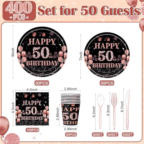 Pickmesh 400 Pcs 50th Birthday Party Supplies, Black Pink Tableware Set - Image 3