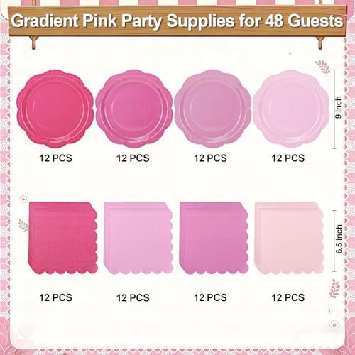 96Pcs Pink Plates and Napkins Party Supplies,Gradient Pink 9inch Scalloped Plate and Napkin Tableware Set for Baby Shower Wedding Birthday Decorations Serves 48 Guests - Image 3
