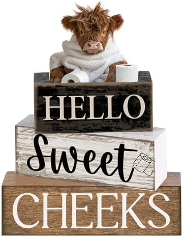 Moucuny 4 Pcs Highland Cow Bathroom Decor Wooden Signs, Farmhouse by Moucuny