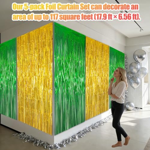 5 Pack 3.28ft x 6.56ft Green&Gold Tinsel Foil Fringe Curtains, Photo Booth Backdrop Party Decorations for Birthday Wedding Baby Shower Graduation Bachelorette New Years - Image 3