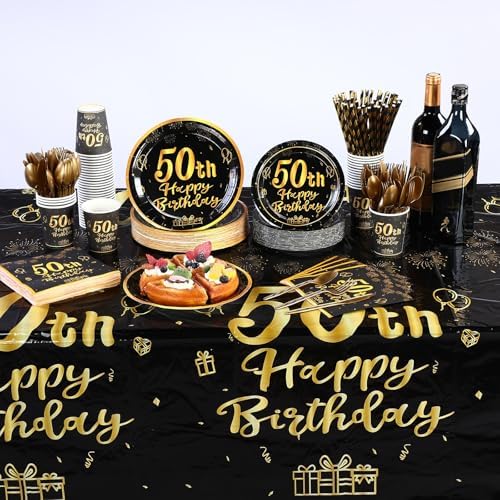 Funnymoom 452 Pcs 50th Birthday Party Decorations Set for Men Women, Black and Gold Happy 50th Birthday Paper Plates Napkins Cups Tablecloth Cutlery Straws for Cheers to 50 Years Anniversary Party - Image 5