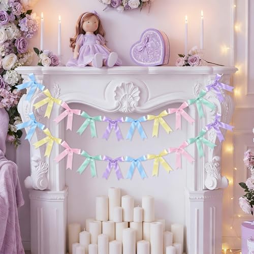 NatNarr 2 Pcs Pastel Bow Garland Banner, Pre-Strung Satin Ribbon Bow Banner by NatNarr