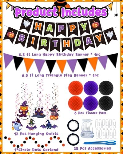Oomloid Halloween Birthday Party Decorations - Happy Halloween Birthday Banner, Hanging Swirl Streamer, Triangle Flag Bunting for Party Supplies Decorations - Image 2