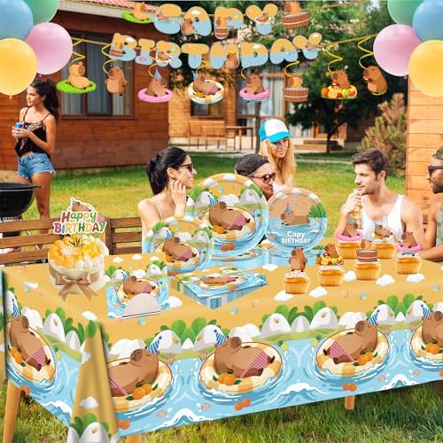 Capybara Birthday Decorations Tableware Set, Includes Banner, Cake Topper, Balloons, Plates and Napkins for Capybara Birthday Party, Service 20 Guests - Image 3