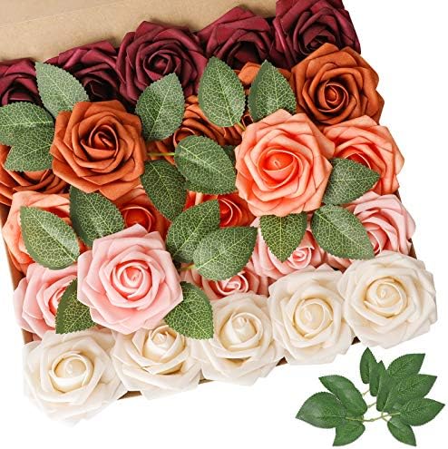 AmyHomie Burgundy Shades Rose 25pcs Real Looking Artificial Flowers w/Stem by AmyHomie