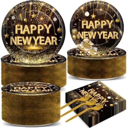 Qyeahkj 200 Pcs Happy New Years Plates and Napkins Party Supplies Black and Gold 2026 New Year's Eve Disposable Tableware Set with Paper Plates Napkins for NYE Party Celebration Decoration Serves 50 by Qyeahkj
