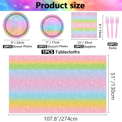 Iridescent Glitter Rainbow Party Supplies for 20 Guests, Disposable Holographic Glitter Pastel Tableware Set Includes Plates, Napkins, Forks, Tablecloth for Girls Birthday Party Decorations - Image 2