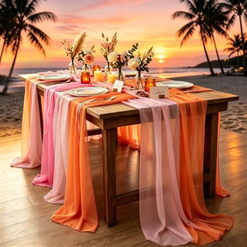 8 Pcs Pink and Orange Party Decorations, 10Ft Chiffon Table Runner Cloth, Boho Sunset Party Decorations for Wedding Table Bridal Shower Birthday Graduation Parties Supplies - Image 4