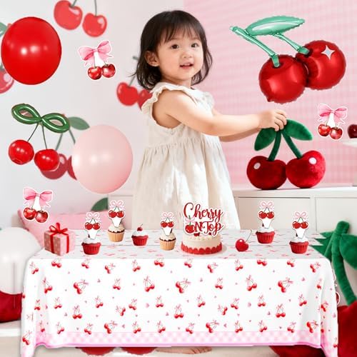Cherry on Top Baby Shower Decorations for Girl - Red Pink Party Supplies Include Balloon Garland Arch, Backdrop, Tablecloth, 4 Boxes, Foil Balloons - She is the Cherry On Top Decor Gingham Check - Image 5