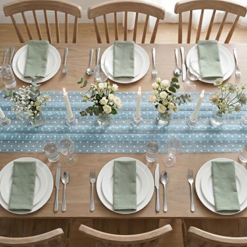 Artoid Mode Light Blue Gauze Flocking White Dots Table Runner 10FT,Summer Sheer Dining Table Decor for Wedding Anniversary Holiday Birthday Home Party - Image 5