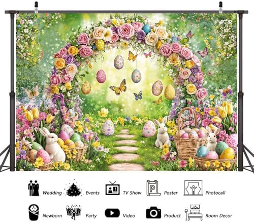 Spring Happy Easter Backdrop, Enchanted Forest Colorful Eggs Rabbit Bunny Floral Butterfly Photography Background, Fairy Tale Wonderland Garden Party Decorations Banner Photo Studio Props 12X10FT - Image 6