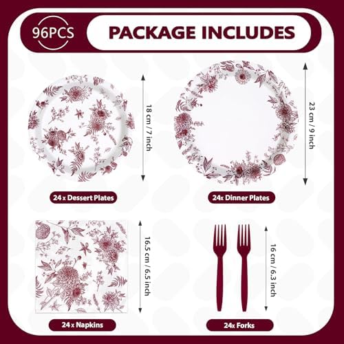96 Pcs Red Burgundy Floral Party Decorations, Serves 24 - Image 5