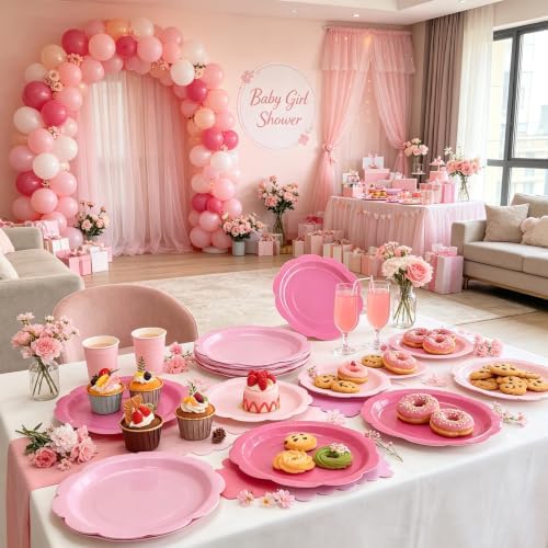 96Pcs Pink Plates and Napkins Party Supplies,Gradient Pink 9inch Scalloped Plate and Napkin Tableware Set for Baby Shower Wedding Birthday Decorations Serves 48 Guests - Image 2