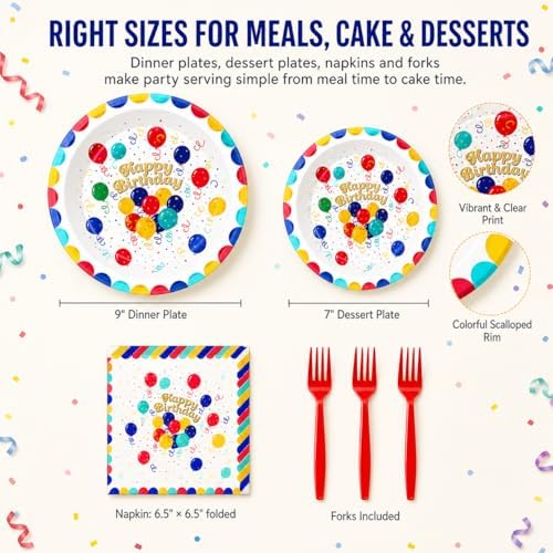 Birthday Party Supplies for 24 Guests – 96-Piece Disposable Party Tableware Set with Plates, Birthday Plates and Napkins, Forks, Colorful Balloons Party Supplies, Heavy Duty for Kids & Adults - Image 7