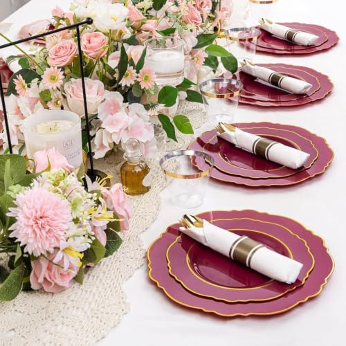 Liacere 350PCS Red Plastic Plates-Disposable Burgundy Red and Gold Plates 50guest Baroque Plastic Dinnerware include 100Plates, 50Pack Pre Rolled Napkins with Silverware 50Cups for Party & Halloween - Image 2