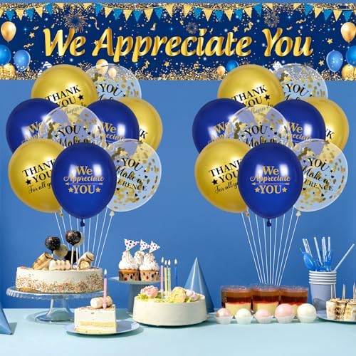 We Appreciate You Decorations Blue Gold Appreciate You Banner Yard Sign with 18 Pcs Balloons Thank You for All You Do Banner Employee Staff Appreciation Gifts Teacher Doctor Appreciation Party Decor - Image 2