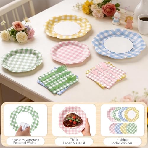 168Pcs Gingham Paper Plates and Napkins Set in 4 Colors for 24 Guests - Image 2