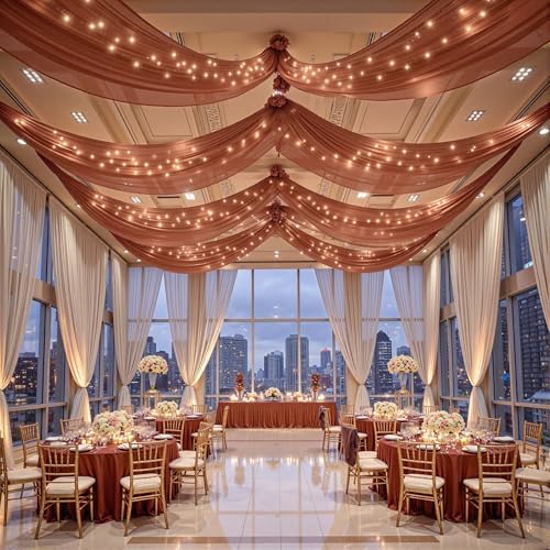 12 Panels Terracotta Ceiling Curtains with Lights for Weddings - 5ftx20ft Wrinkle-Free Tulle Fabric Wedding Arch Draping Ceiling Drapes Decorations for Wedding Party Ceremony Stage Tent Event - Image 2