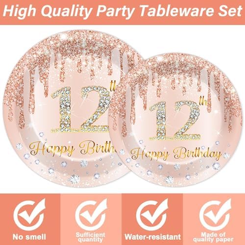 96 Pcs Rose Gold 12th Birthday Party Plates and Napkins for Girls Rose Gold Party Supplies Pink Happy 12 Years Birthday Party Tableware Set for 24 Guests Party Decorations - Image 3