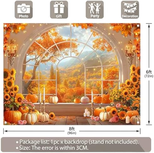 8x6ft Fabric Fall Window Pumpkin Sunflower Photography Backdrop - Image 3
