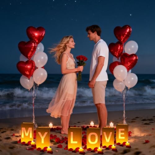 MY LOVE Light Up Letters, with Tea Lights Candles, Rose Petals, Pearlescent Foil Balloons - Luminary Paper Bags, Anniversary Decorations and Valentines' Day Decorations for Your Loved One - Image 5