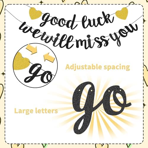Good Luck We Will Miss You Banner Glitter Black Gold Banner Balloon Garland Decorations Supplies for Retirement Party Goodbye Party Going Away Party Graduation Leaving Away Office Home Farewell Party - Image 3