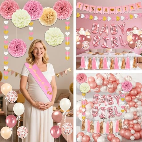 Pink Baby Shower Decorations for Girl Set with Its a Girl Banner Baby Girl Letter Foil Balloons Mom to Be Sash Dad to Be Pin Paper Pom Poms for Gender Reveal Decorations - Image 4