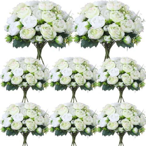 Geosar 8 Bundles Artificial Peonies Flowers,White, Green by Geosar