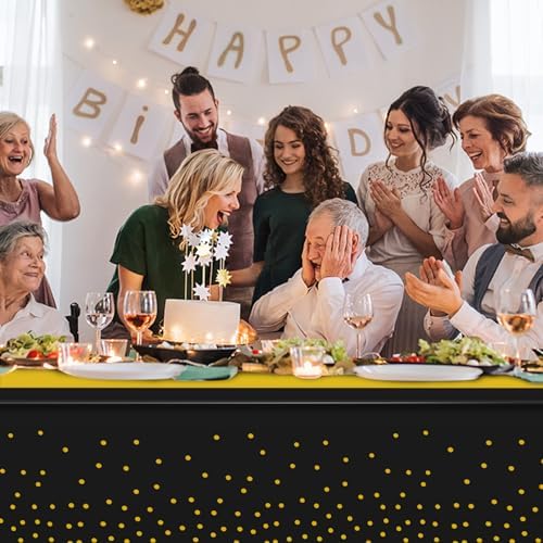 12Pcs Black and Gold Tablecloth Party Decorations,Plastic Black Table Cloth Printed Gold Table Runner Disposable Rectangle Table Cover for Birthday Retirement Anniversary Graduation Party,54 x108 Inch - Image 6