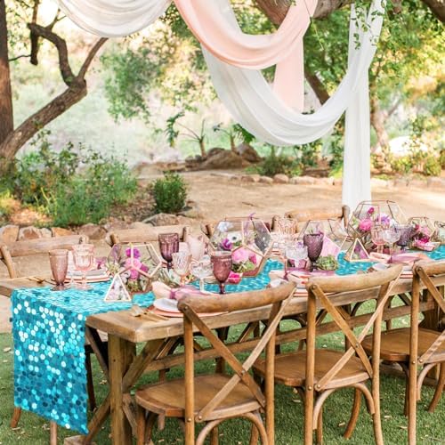 Pufogu 12 x 108 Inch Sequin Table Runner, Turquoise Glitter Premium Big Sequin Table Runner, Rectangle Table Runners for Halloween, Christmas, Wedding Party, Birthday Party, Banquet Decor (1 Pack). - Image 6