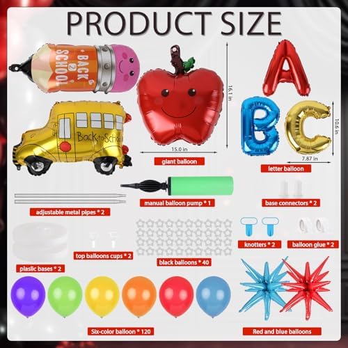 2 Sets Back to School Decorations Adjustable Balloons Column Stand Kit Kindergarten Graduation Decor with Pencil Schoolbus Apple Foil Balloons for First Day of School Tower Party Decorations - Image 3